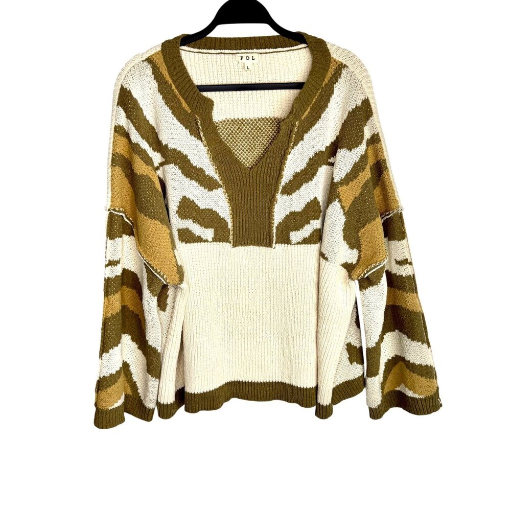 POL Olive & Ivory Oversized Cozy Chunky Knit‎ Sweater Zebra Pattern Womens Large